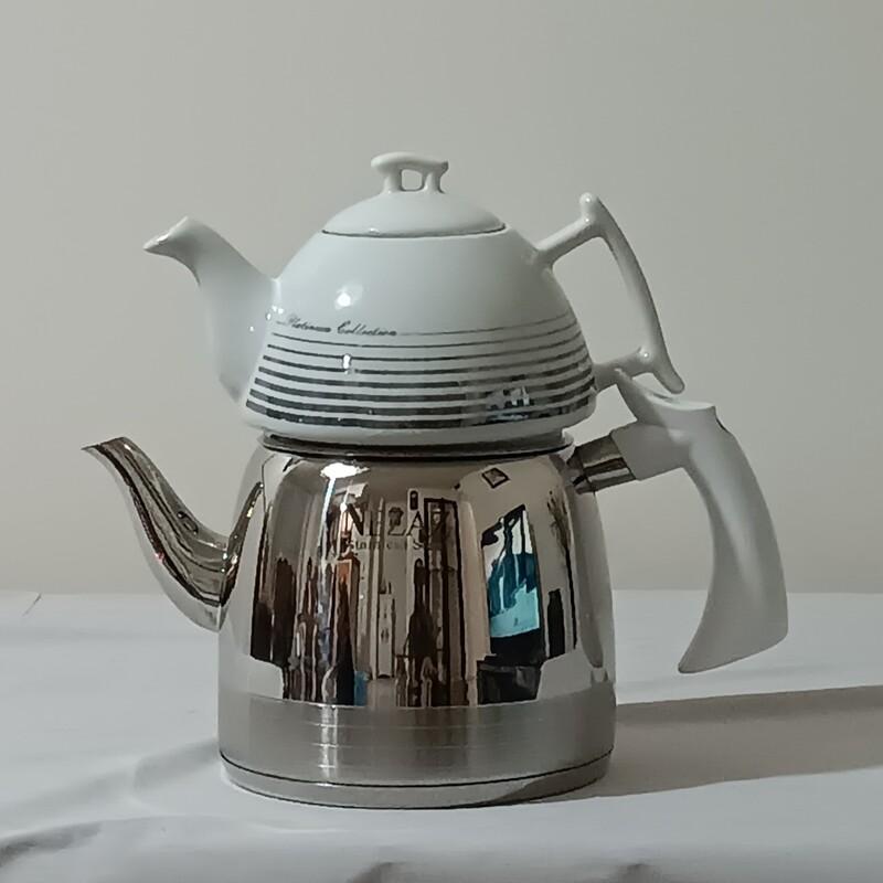 کتری استیل دسته بغل باکالیت با قوری چینی