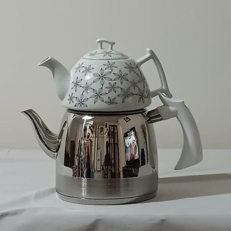 کتری استیل دسته بغل باکالیت با قوری چینی