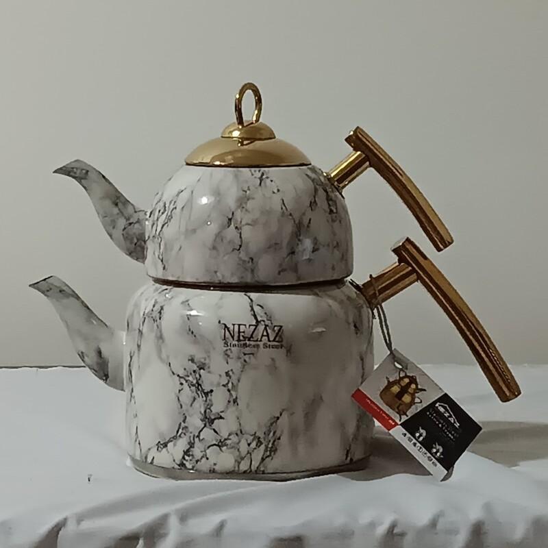 کتری قوری استیل رنگی نزاز کد 2416 دسته طلایی کرم