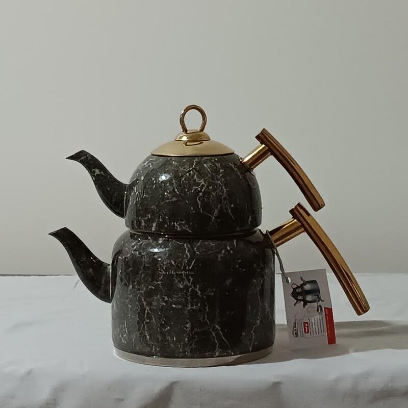 کتری قوری استیل دسته طلایی نزاز کد 2416 مشکی و خاکستری