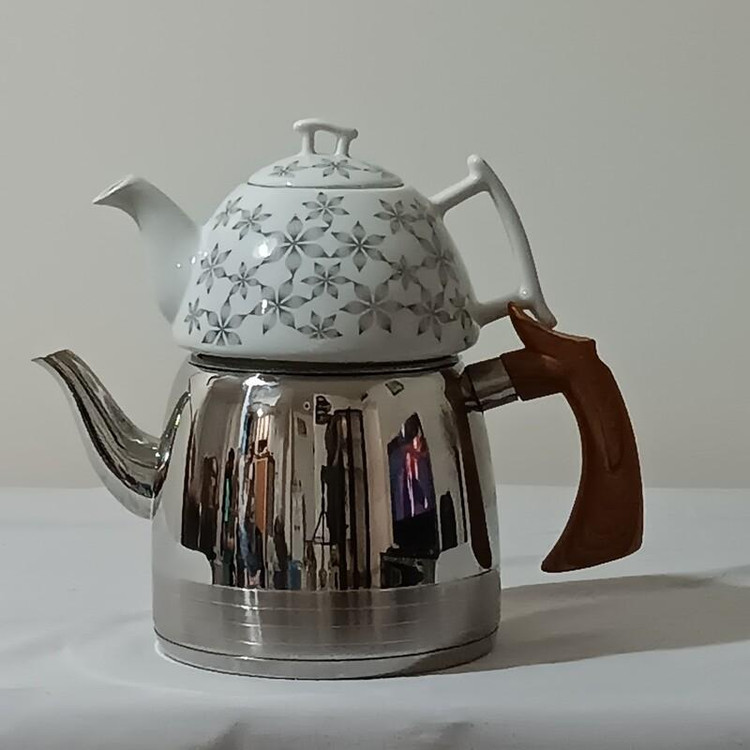 کتری استیل دسته باکالیت طرح چوب بلند با قوری چینی