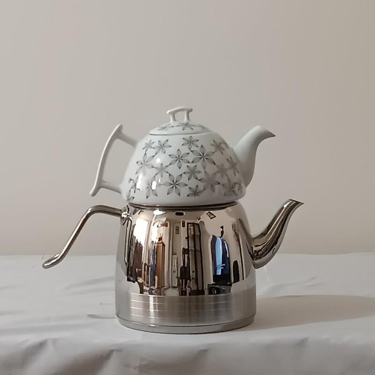 کتری استیل دسته عصایی بلند استیل براق با قوری چینی